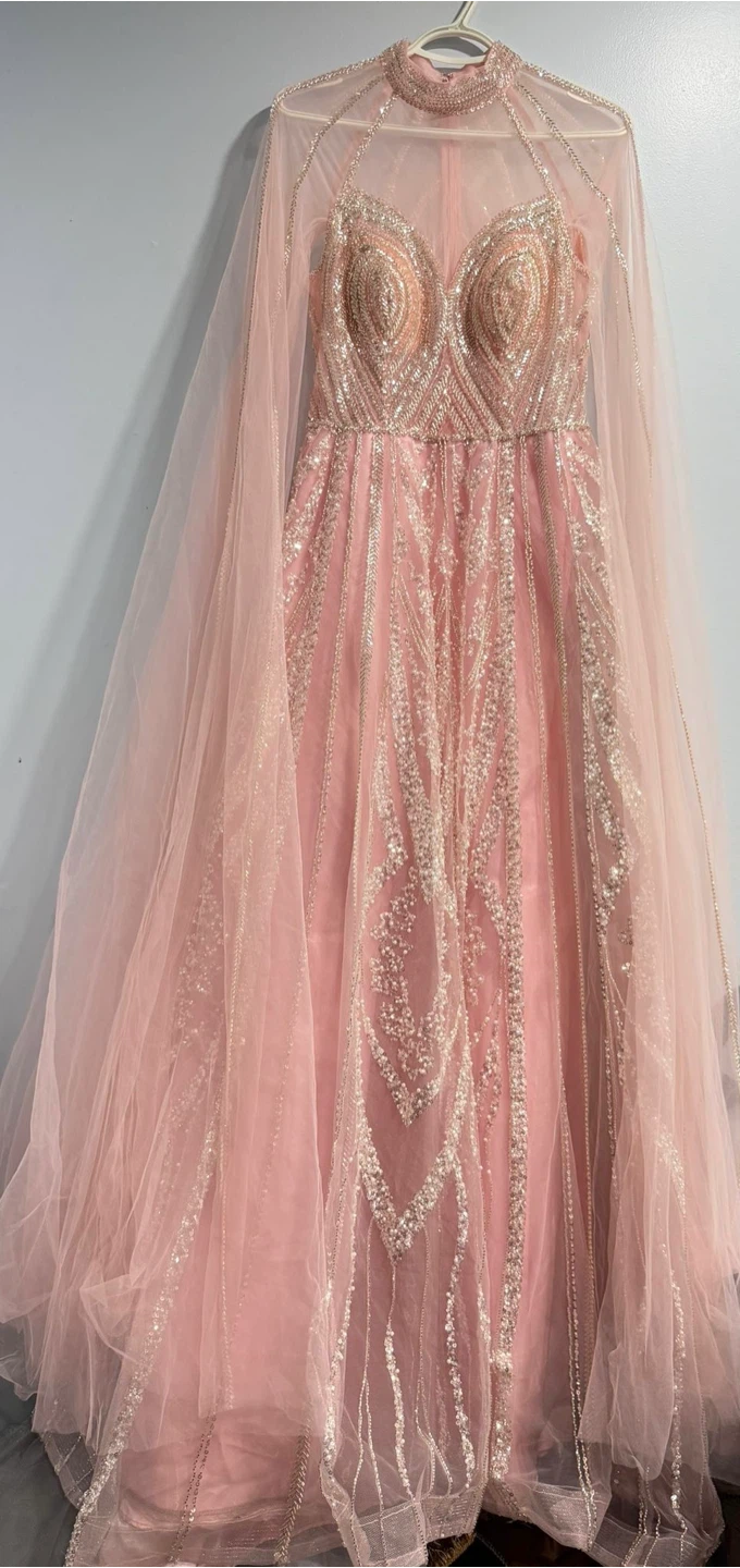 Pink Beaded Formal Gown with Cape Brand New