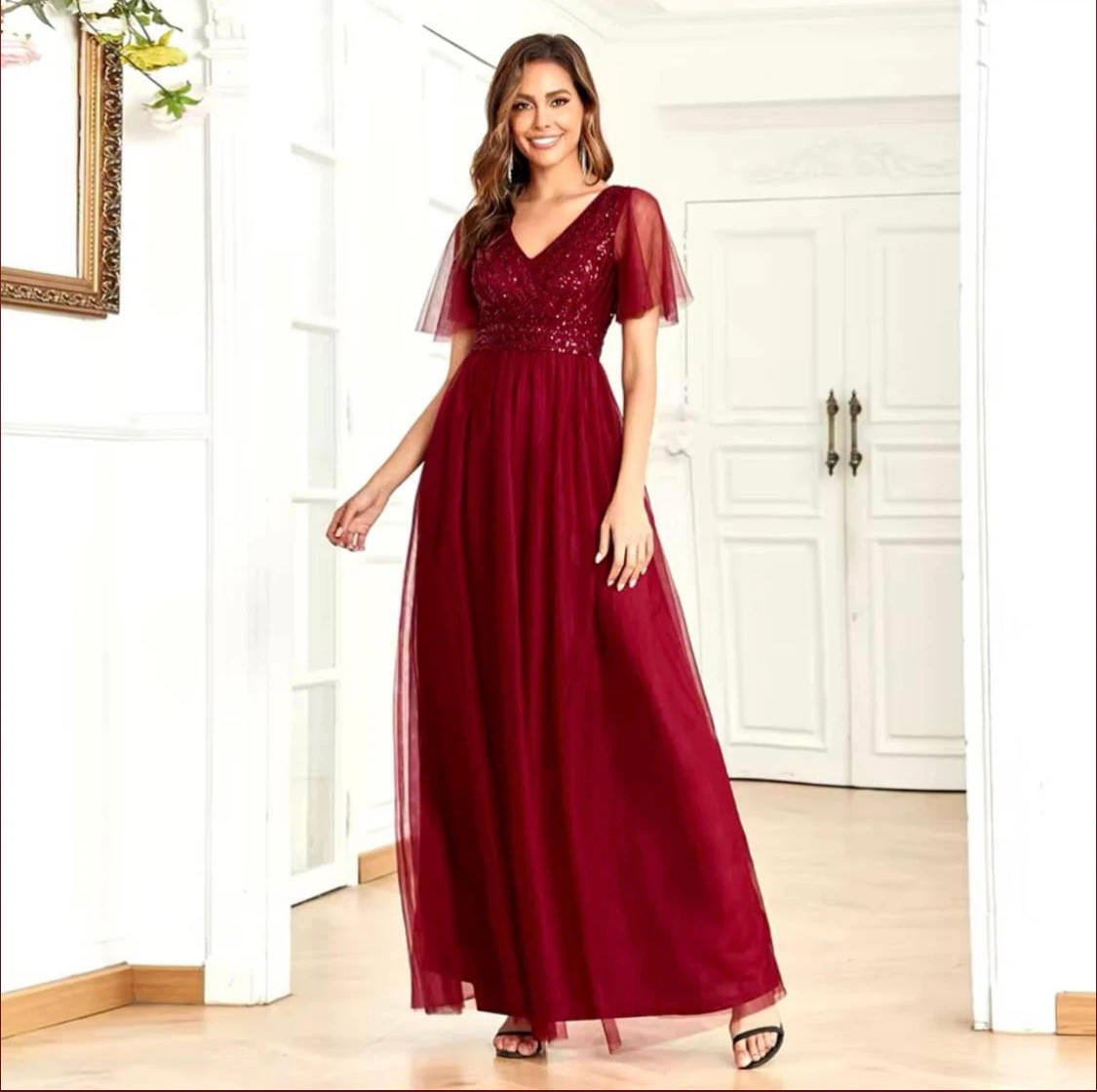 Women's Burgundy Sequin Tulle Maxi Dress