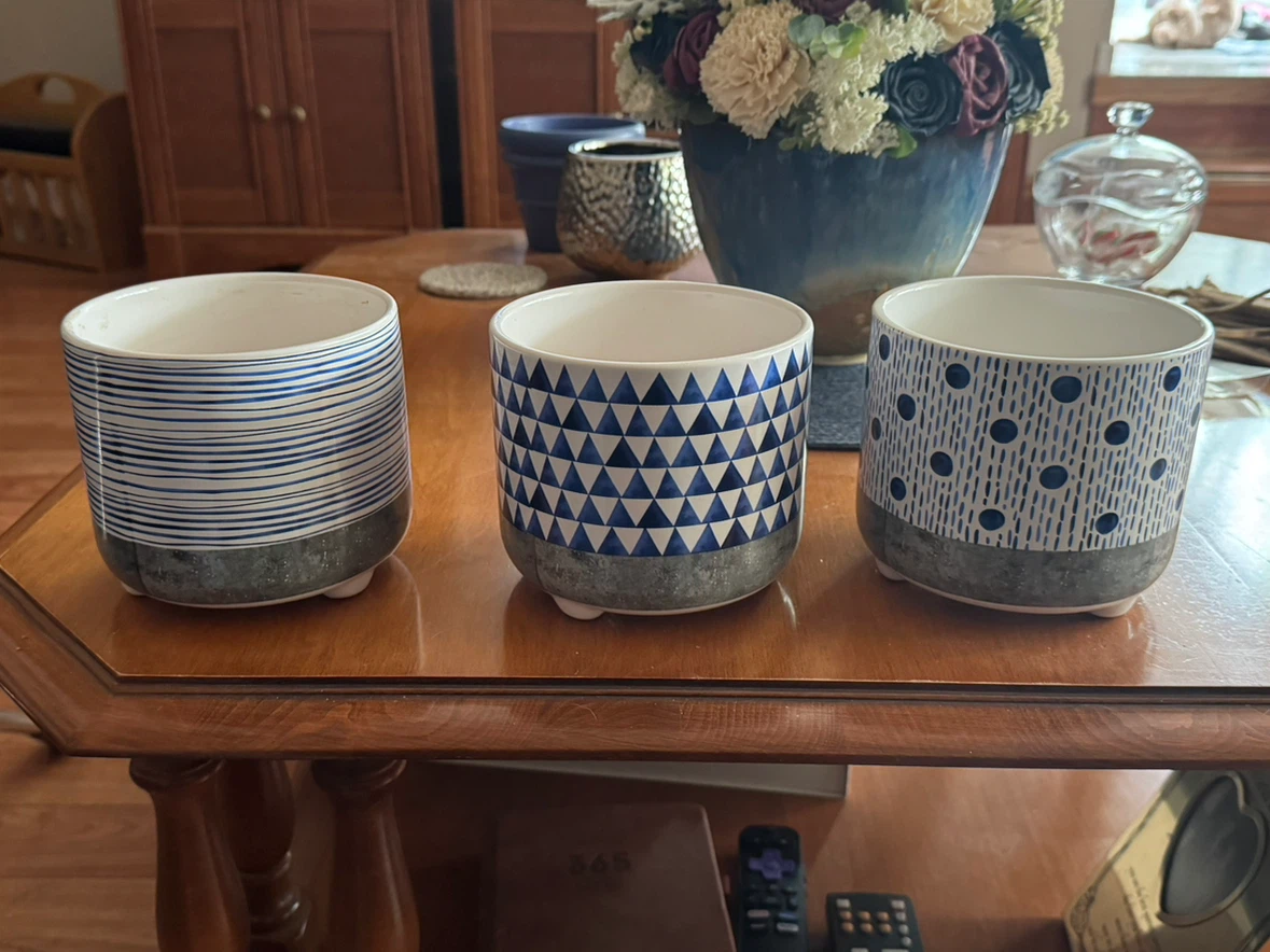 Set of 3 Blue and White Ceramic Planter Pots