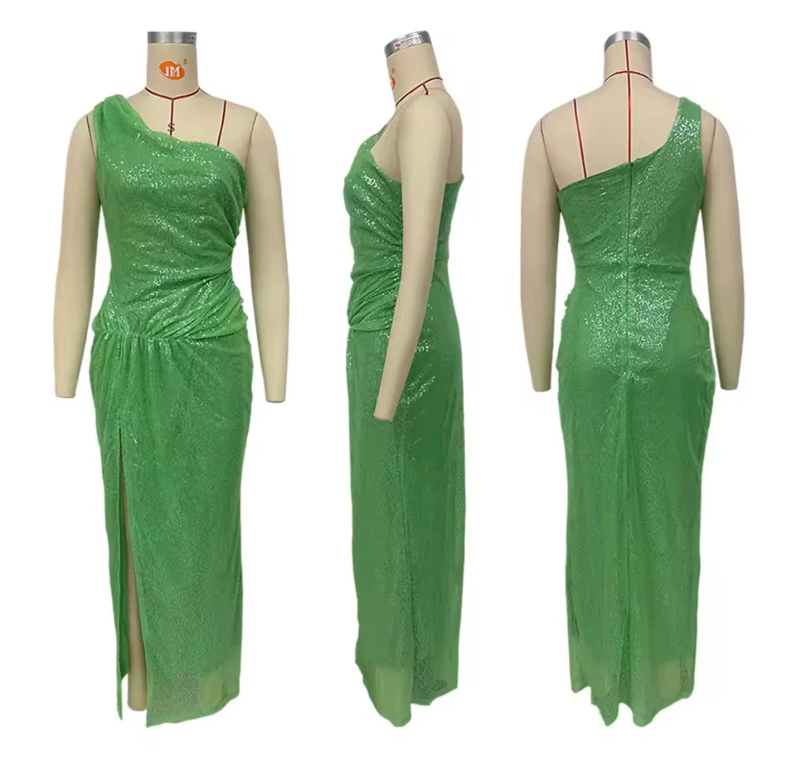 Sparkly Green One-Shoulder Maxi Dress with Slit - photo 2