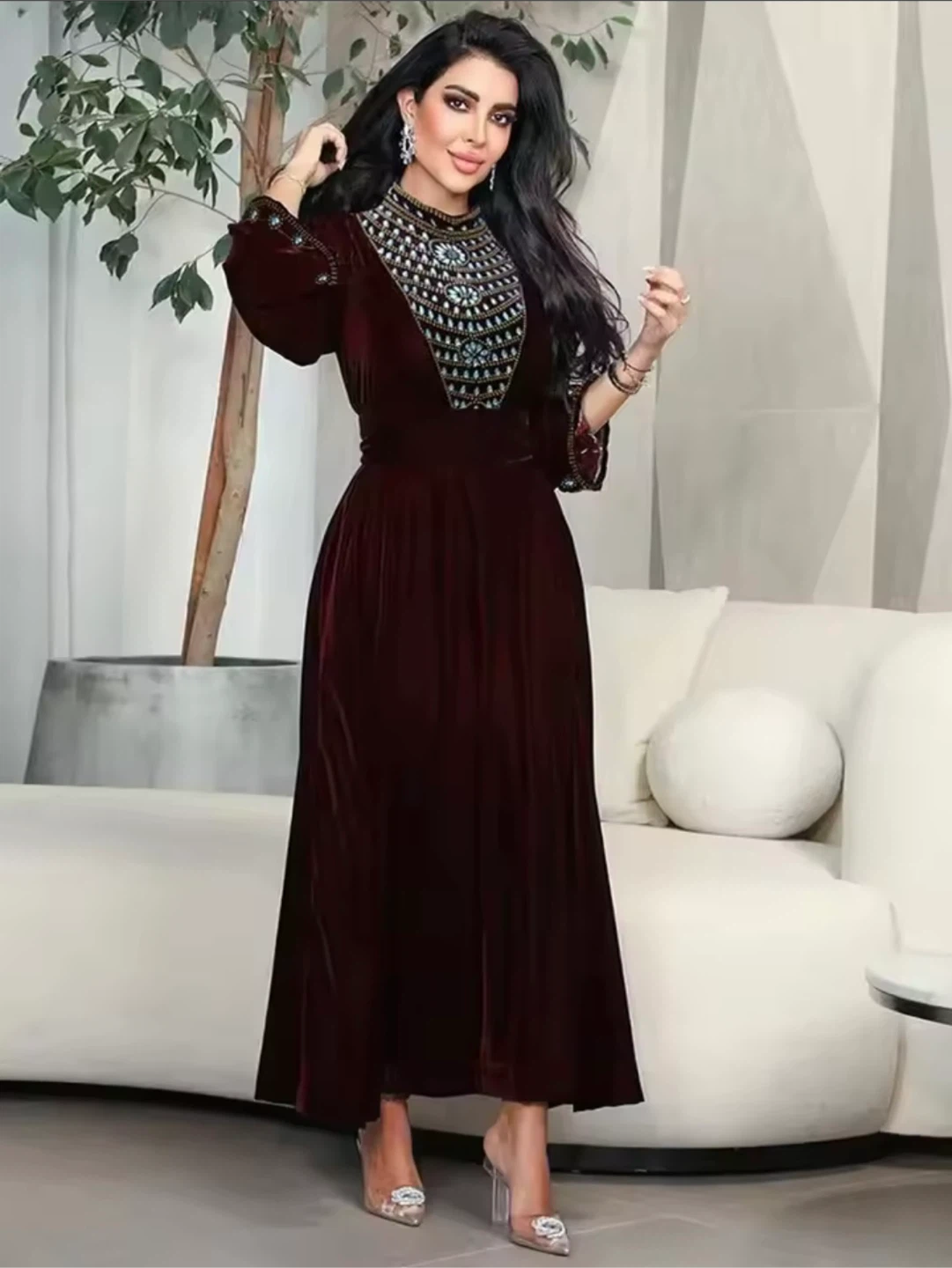 Velvet Dress with Embellished Neckline