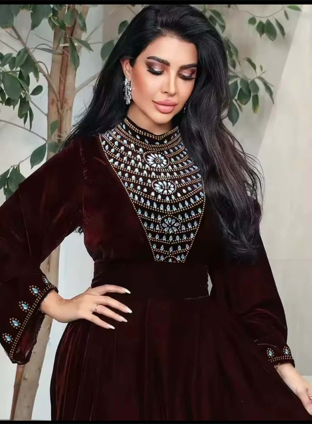 Velvet Dress with Embellished Neckline - photo 2
