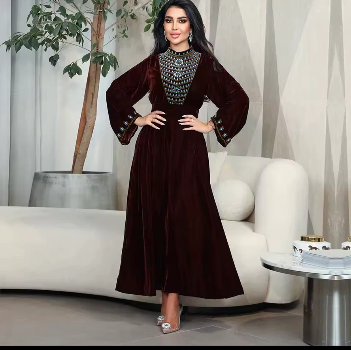 Velvet Dress with Embellished Neckline - photo 3
