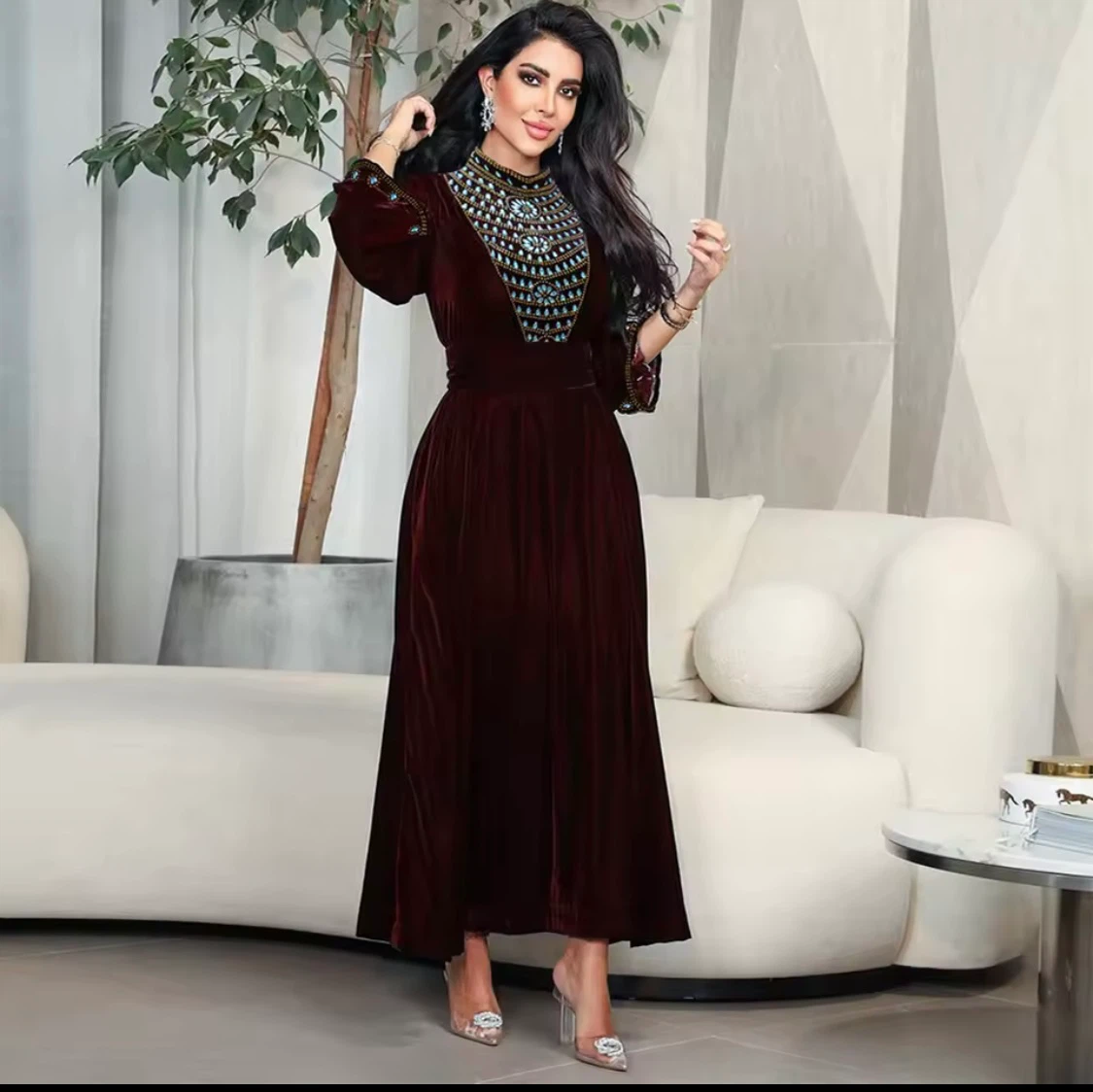 Velvet Dress with Embellished Neckline - photo 4