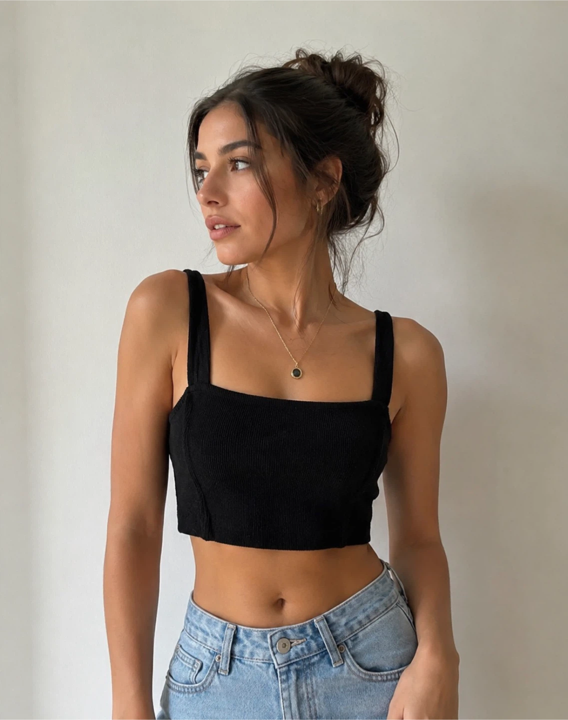 Black Corduroy Square Neck Tank Top