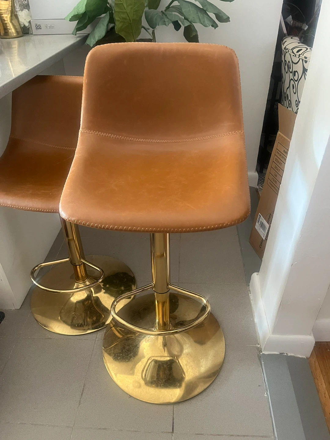 Cognac Faux Leather Adjustable Bar Stool with Gold Base