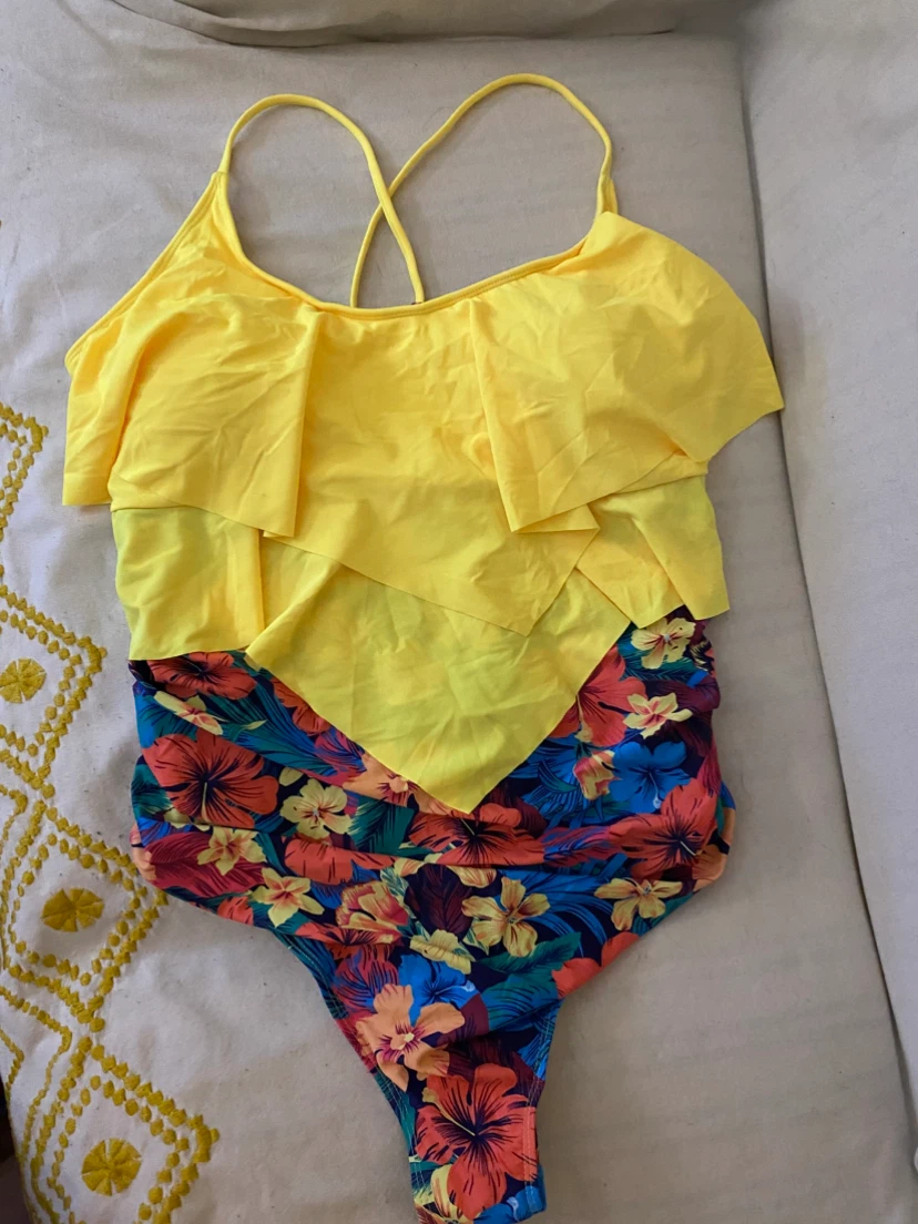 Yellow floral print one-piece swimsuit with ruffles