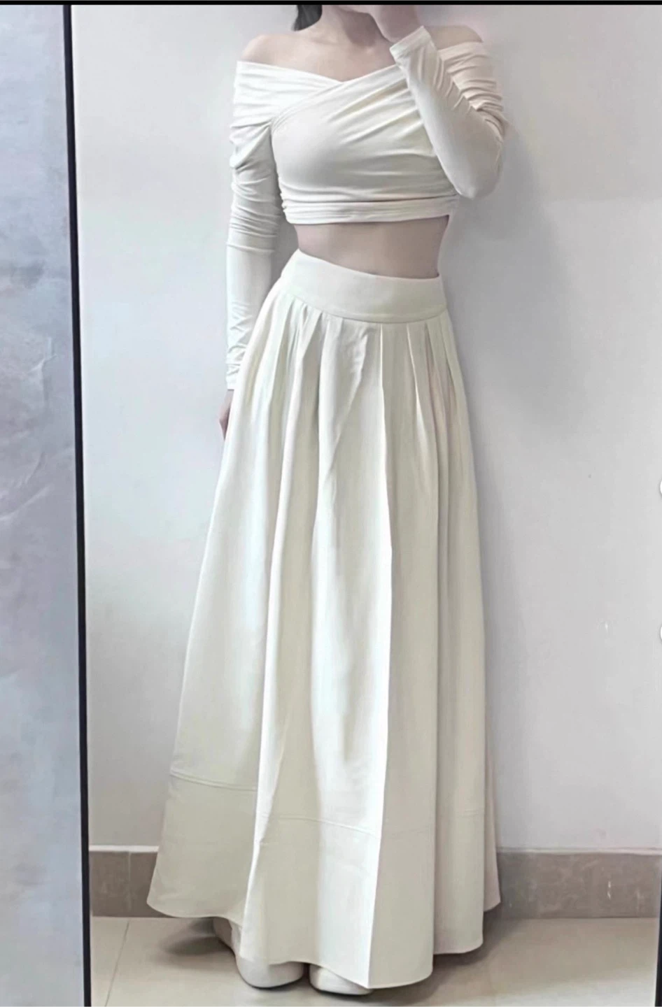 Off-the-shoulder crop top and maxi skirt set