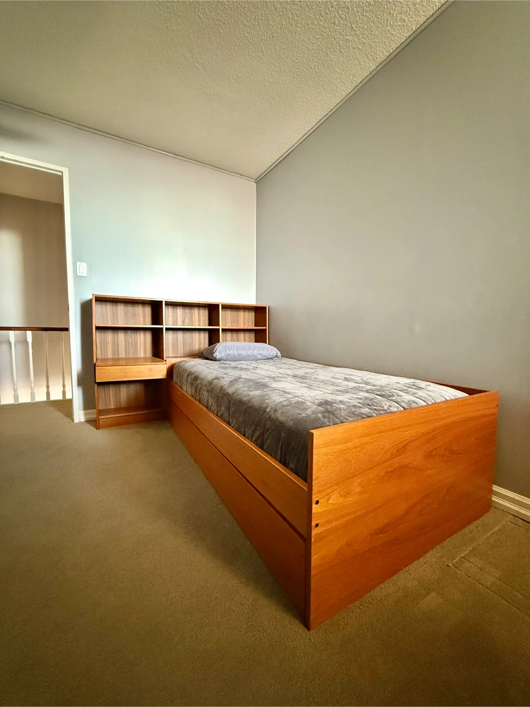 MCM Wooden Twin Bed Frame with Bookshelf Headboard and Trundle