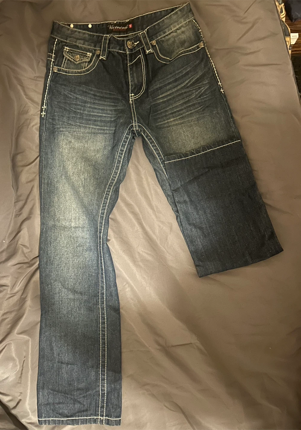 Victorious Premium Y2K Embroidered Jeans Fleur-de-Lis Rhinestone