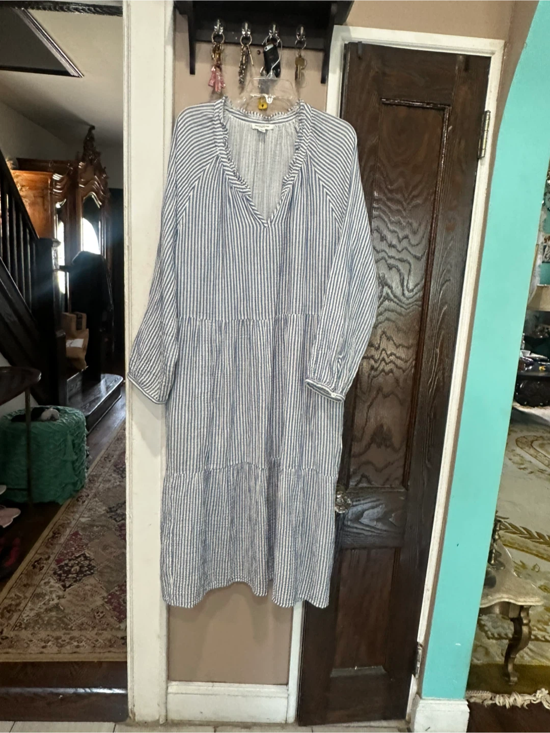 Beach Lunch Lounge Blue Striped Tiered Dress