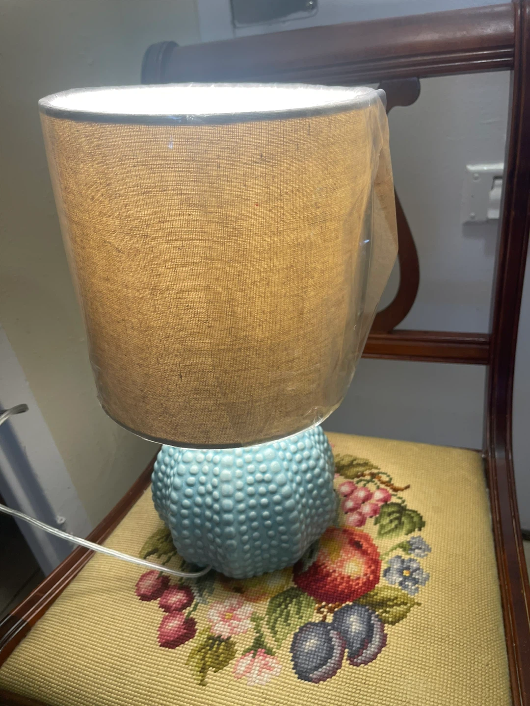 Light Blue Textured Base Table Lamp with Fabric Shade