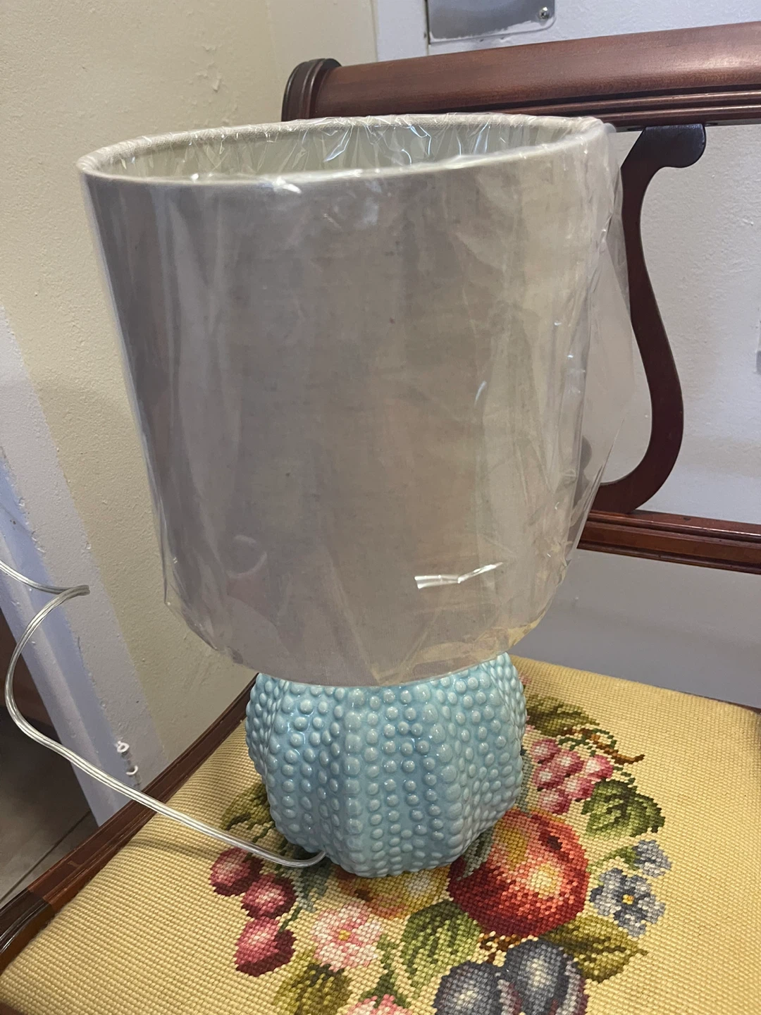 Light Blue Textured Base Table Lamp with Fabric Shade - photo 4
