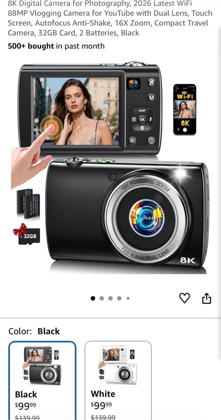 8K Digital Video Camera, 88MP, Wifi, 16x Zoom, Black