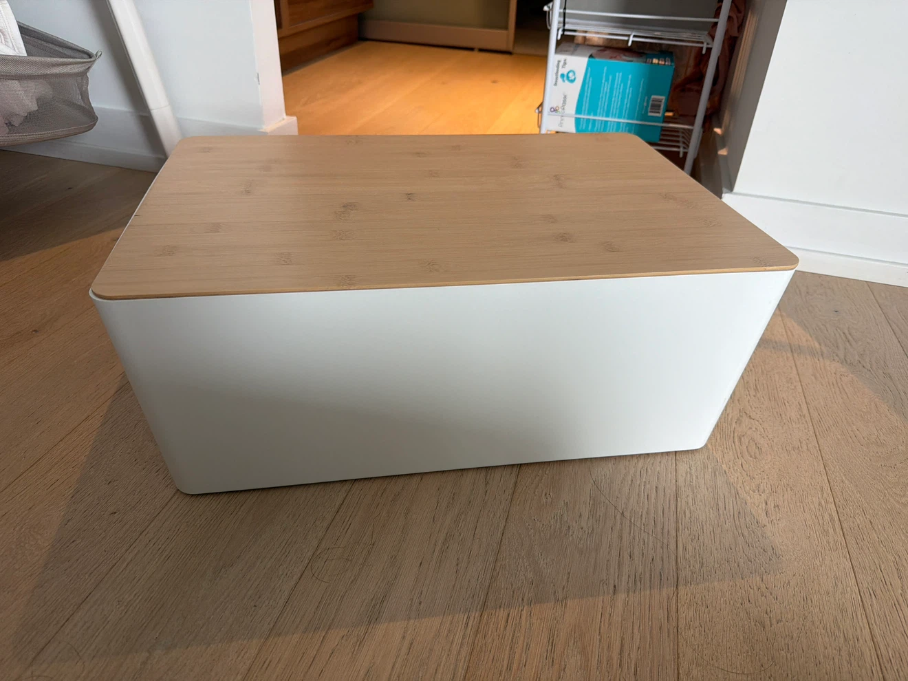 White storage bin with bamboo lid
