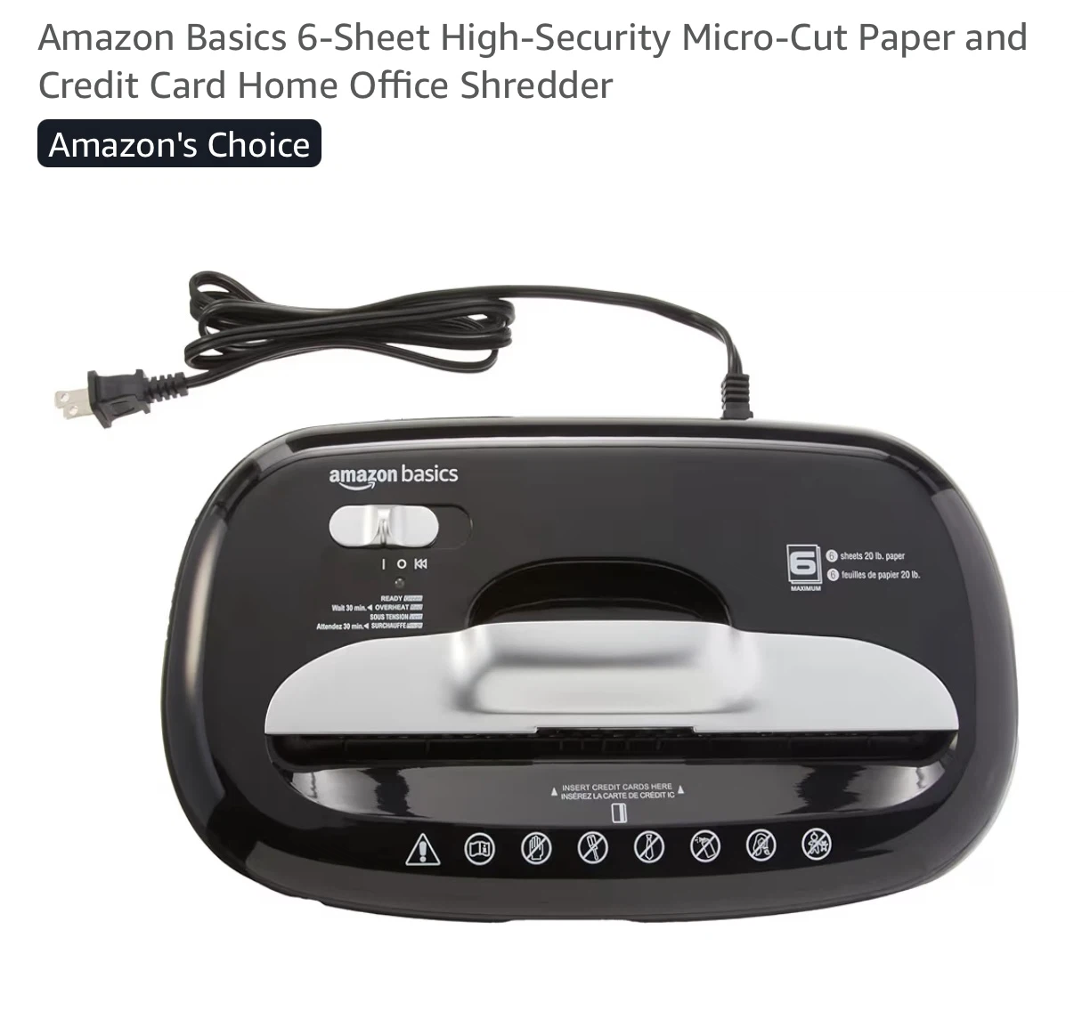 Amazon Basics 6-Sheet Micro-Cut Shredder