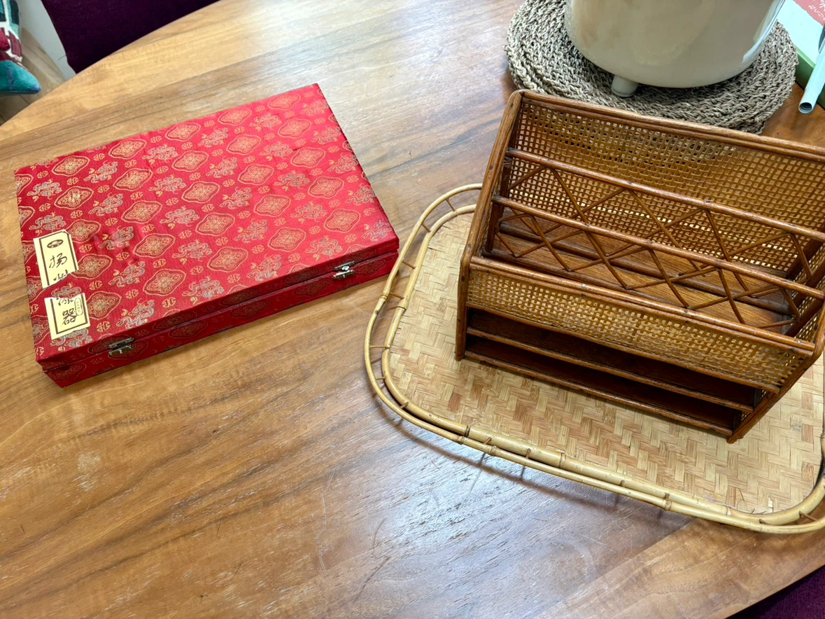 Vintage Rattan Desk Organizer and Peking Opera Mask Set - photo 3