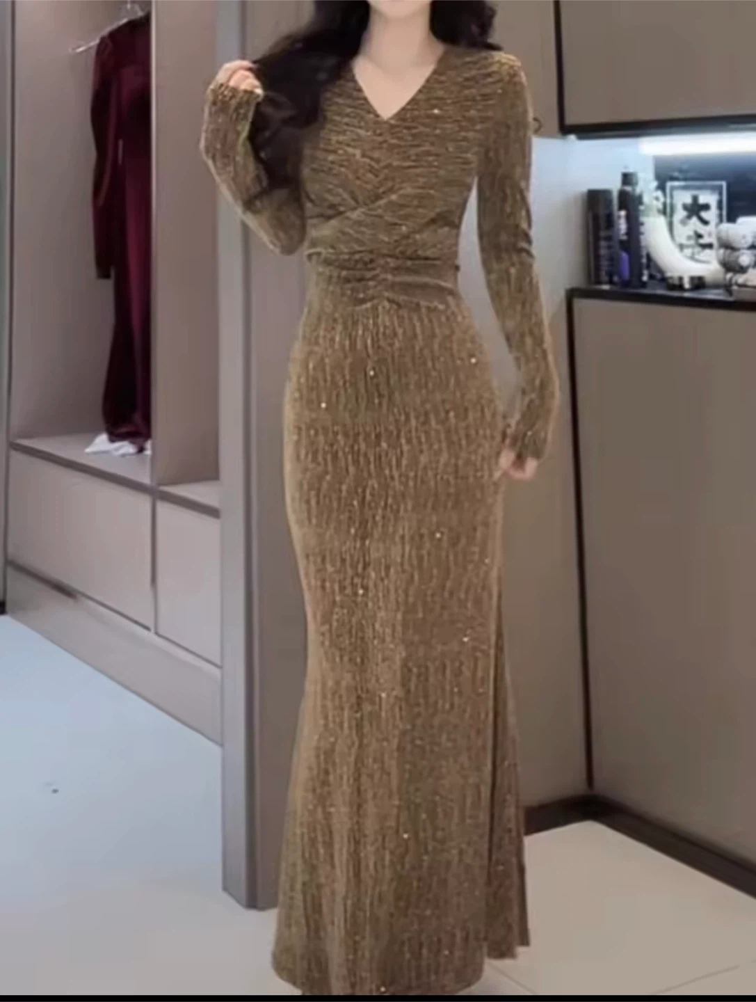 Sparkly Gold Long Sleeve Maxi Dress