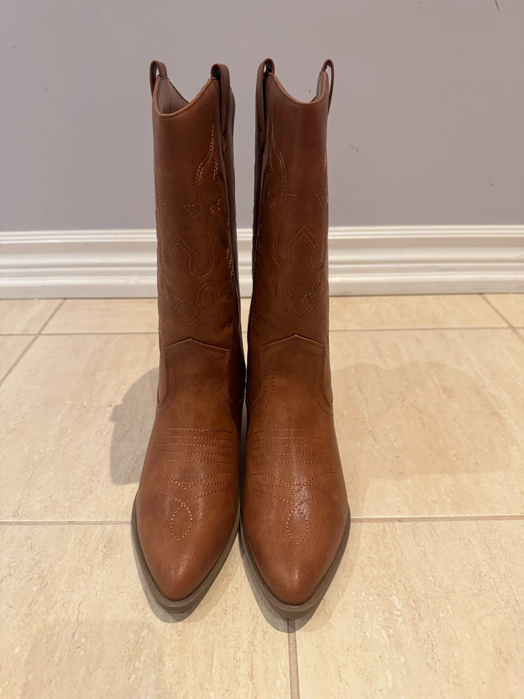 Brown Faux Leather Cowboy Boots
