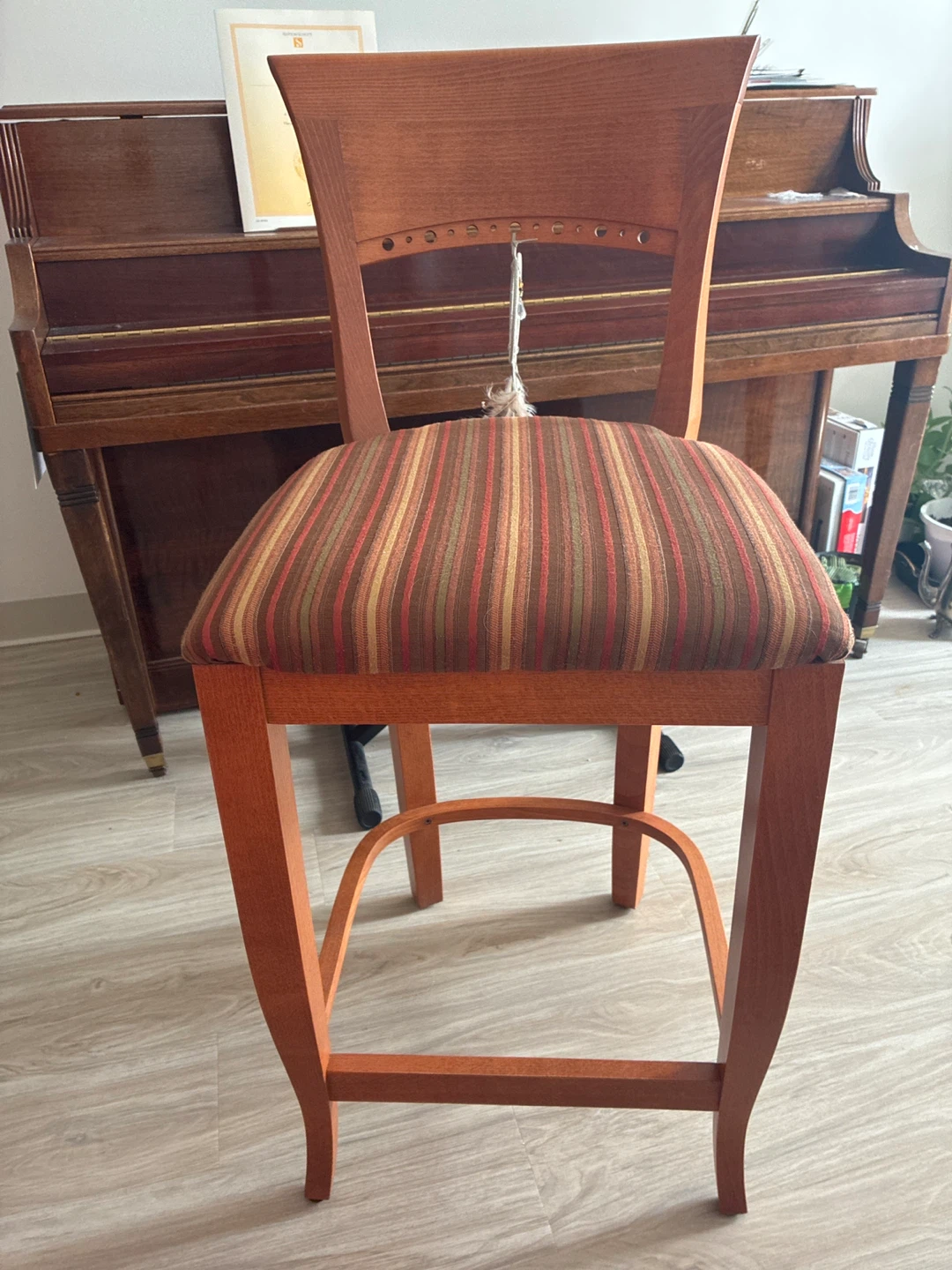 Wooden Bar Stool with Striped Seat