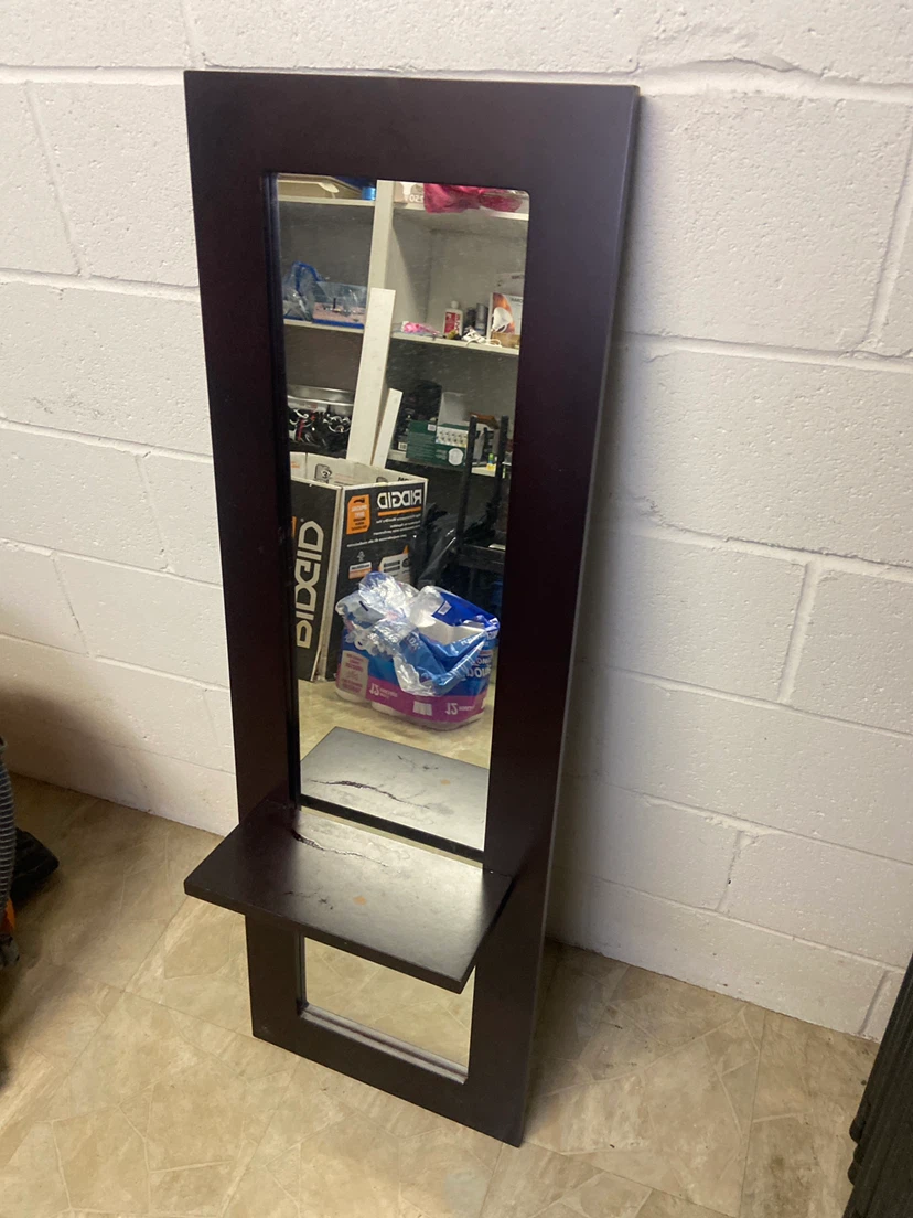 Dark Wood Standing Mirror with Shelf