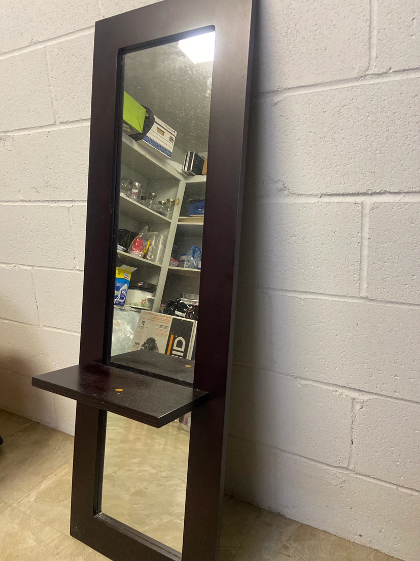 Dark Wood Standing Mirror with Shelf - photo 2
