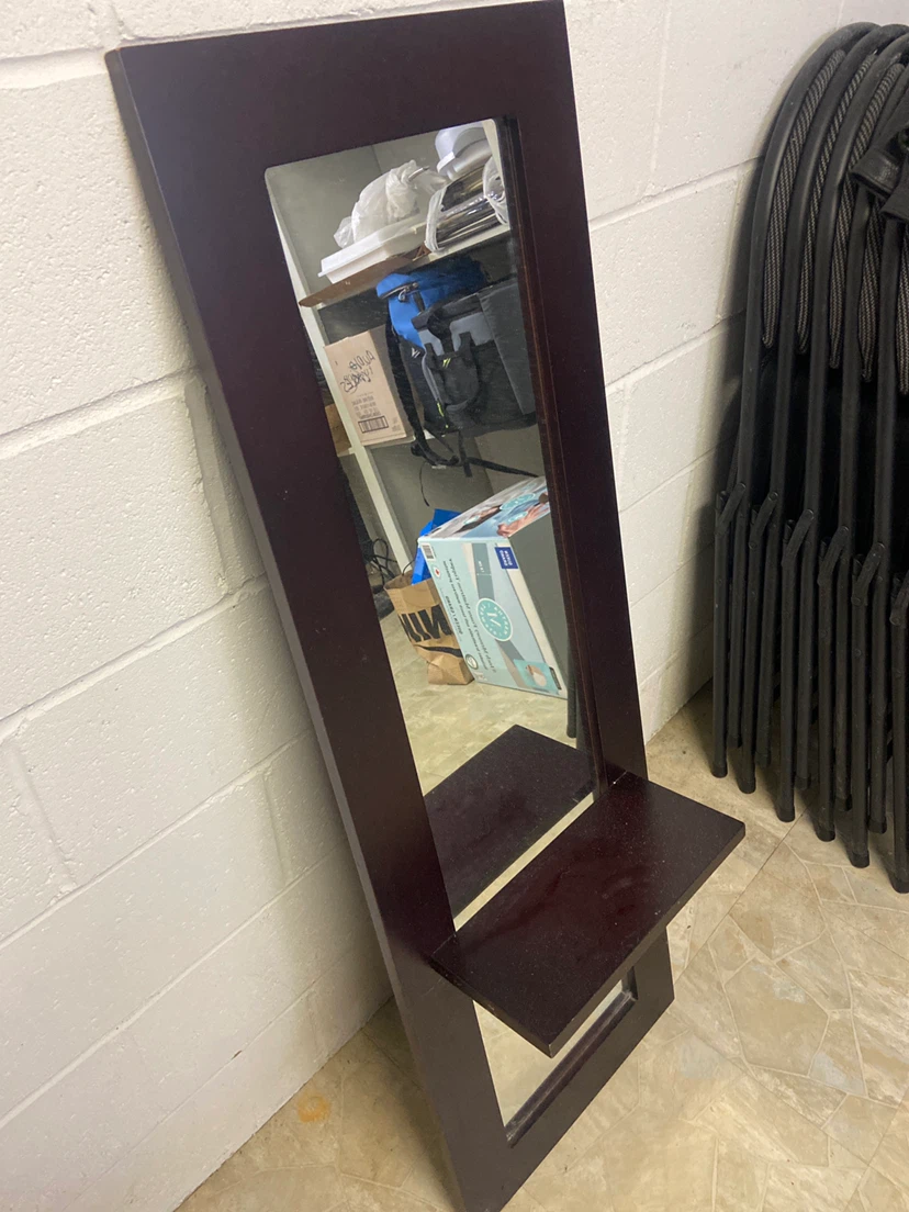 Dark Wood Standing Mirror with Shelf - photo 3