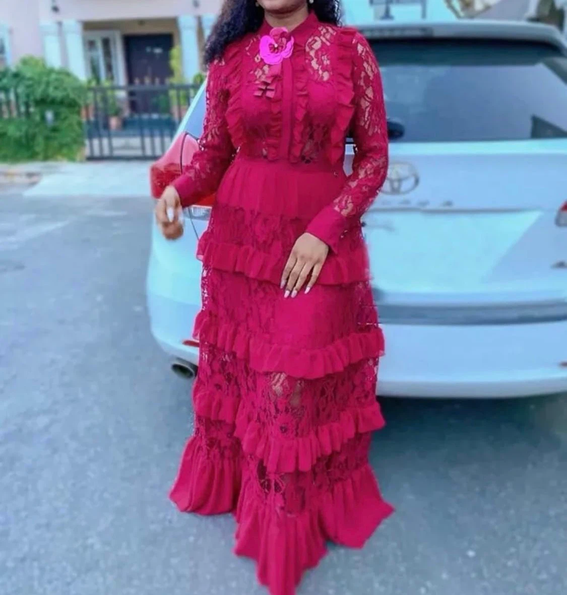Women's Red Lace Tiered Maxi Dress