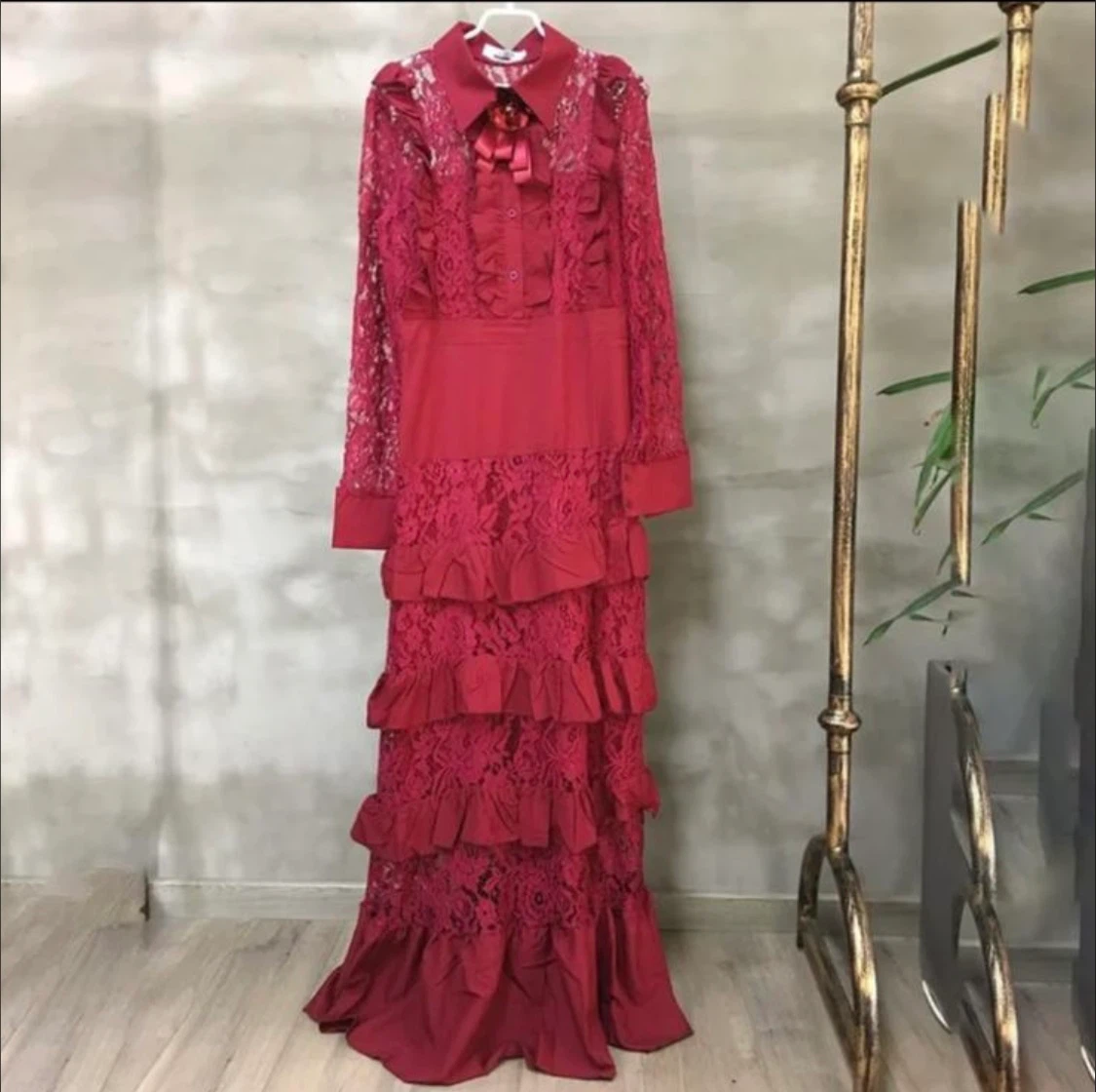 Women's Red Lace Tiered Maxi Dress - photo 2