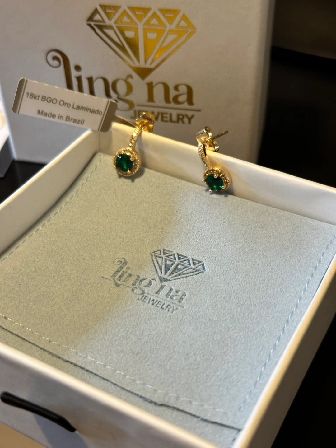 Ling Na Jewelry 18kt Gold Plated Emerald Earrings