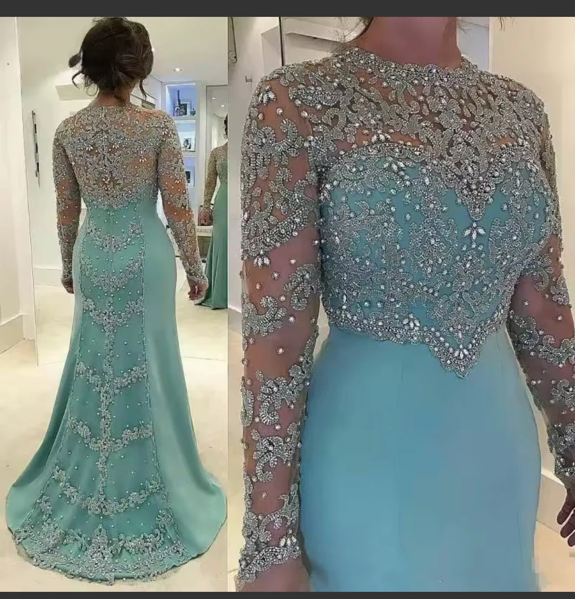 Sparkly Mint Green Long Sleeve Formal Dress