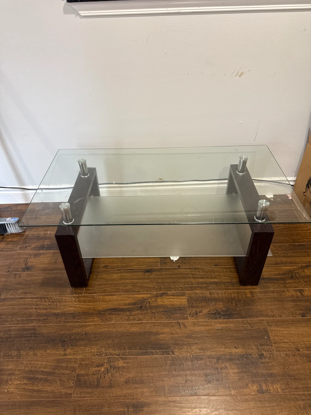 Glass Coffee Table with Dark Wood Accents