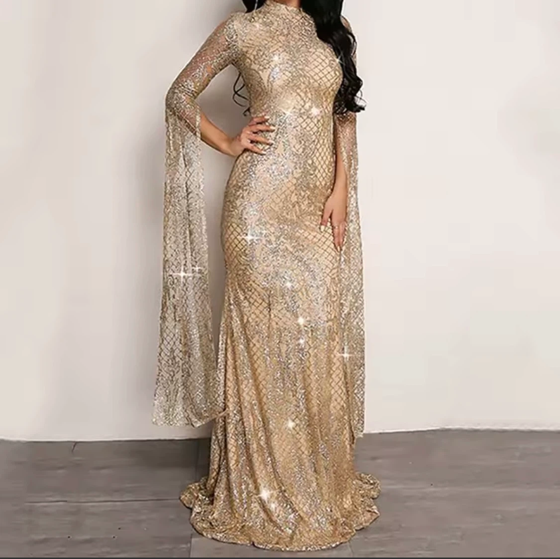 Gold Sequin Cape Sleeve Maxi Dress