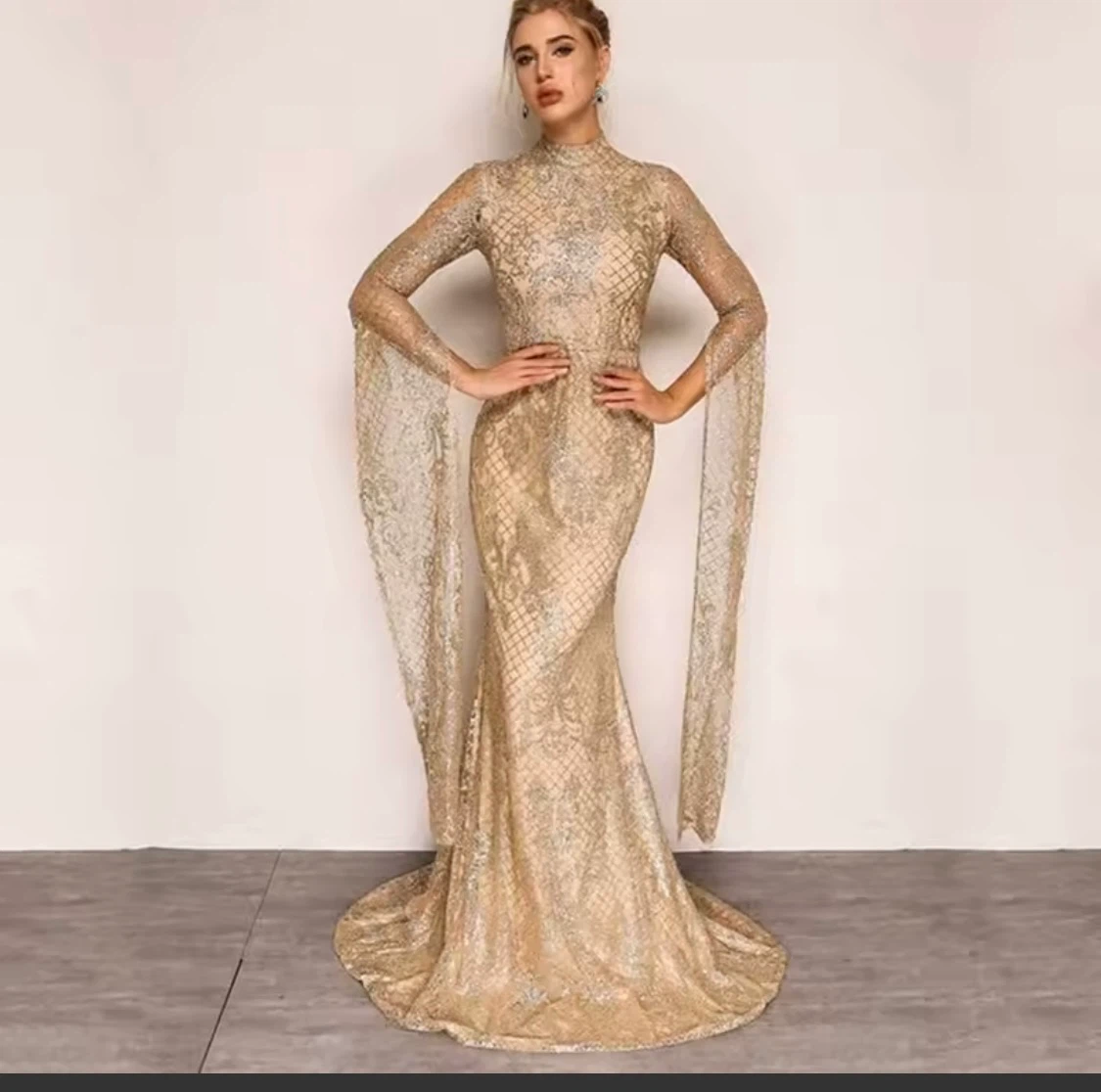Gold Sequin Cape Sleeve Maxi Dress - photo 2