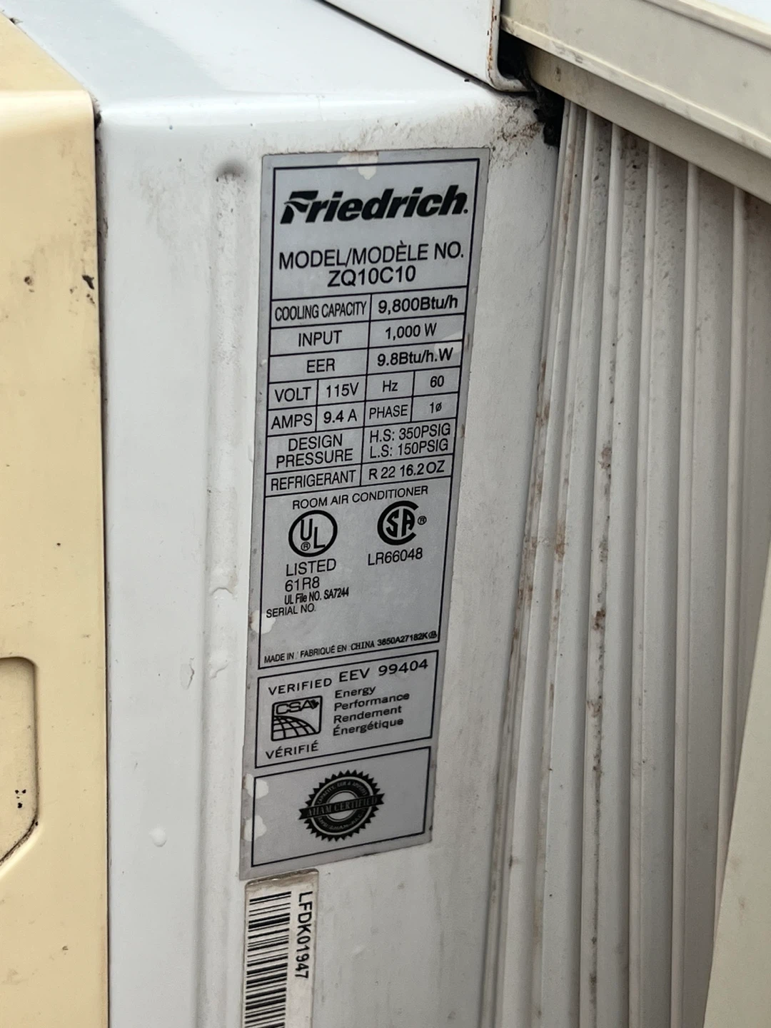 Friedrich Room Air Conditioner ZQ10C10 - photo 3