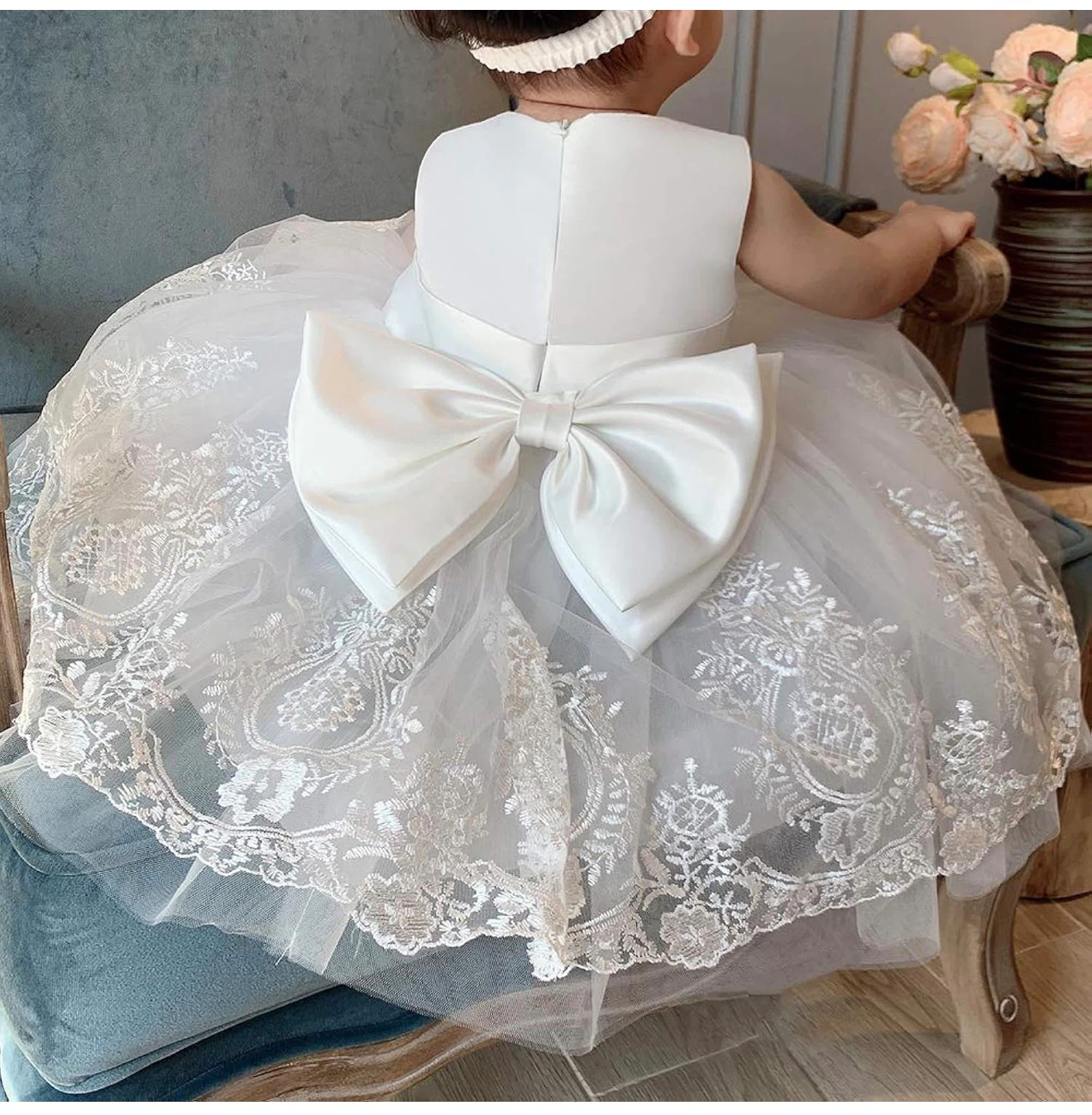 Baby Girl White Christening Dress with Headband