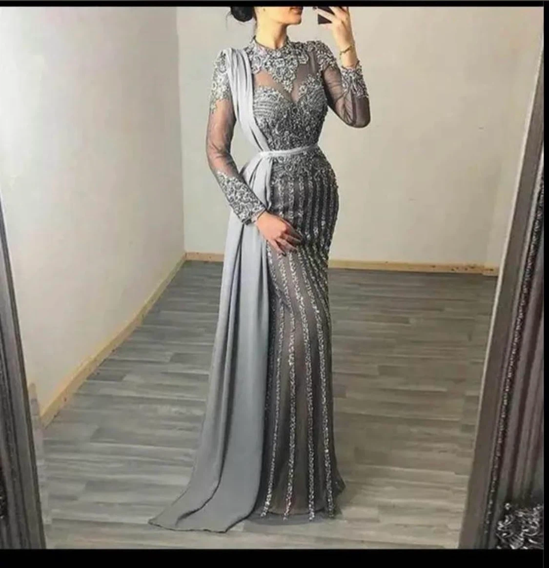 Grey Sequin Formal Dress with Sash