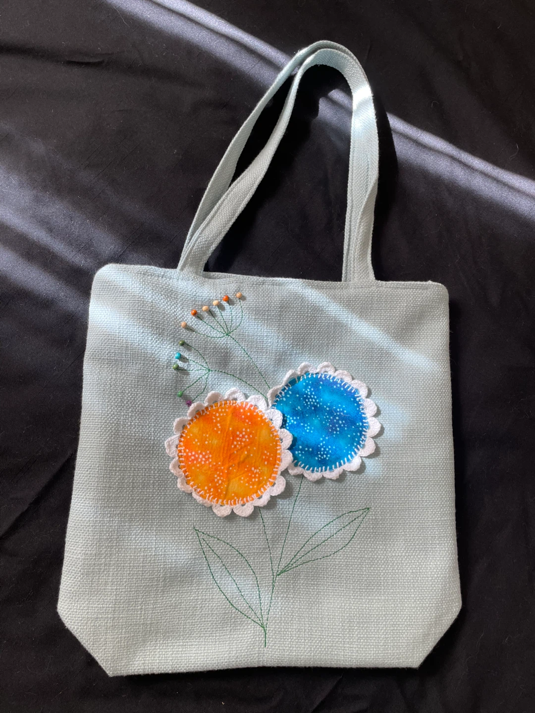 Light Blue Tote Bag with Floral Appliqué