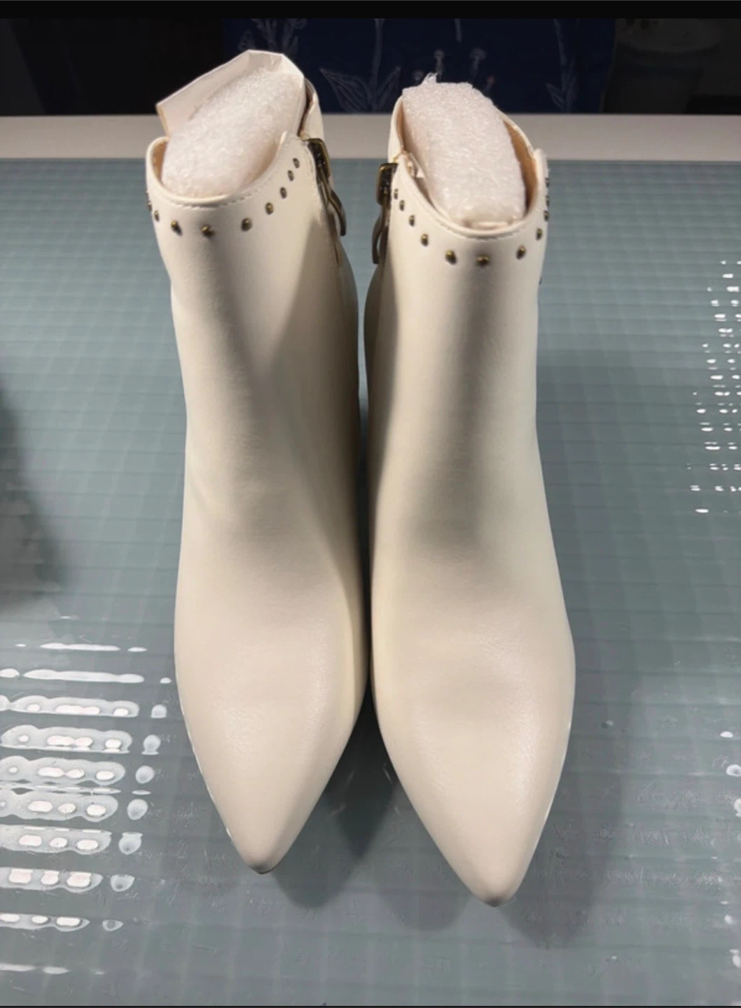 White Ankle Boots with Studs and Buckle Accent