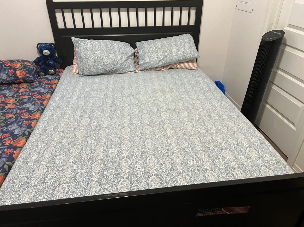 IKEA Black Wooden Spindle Headboard Bed Frame with IKEA Mattress