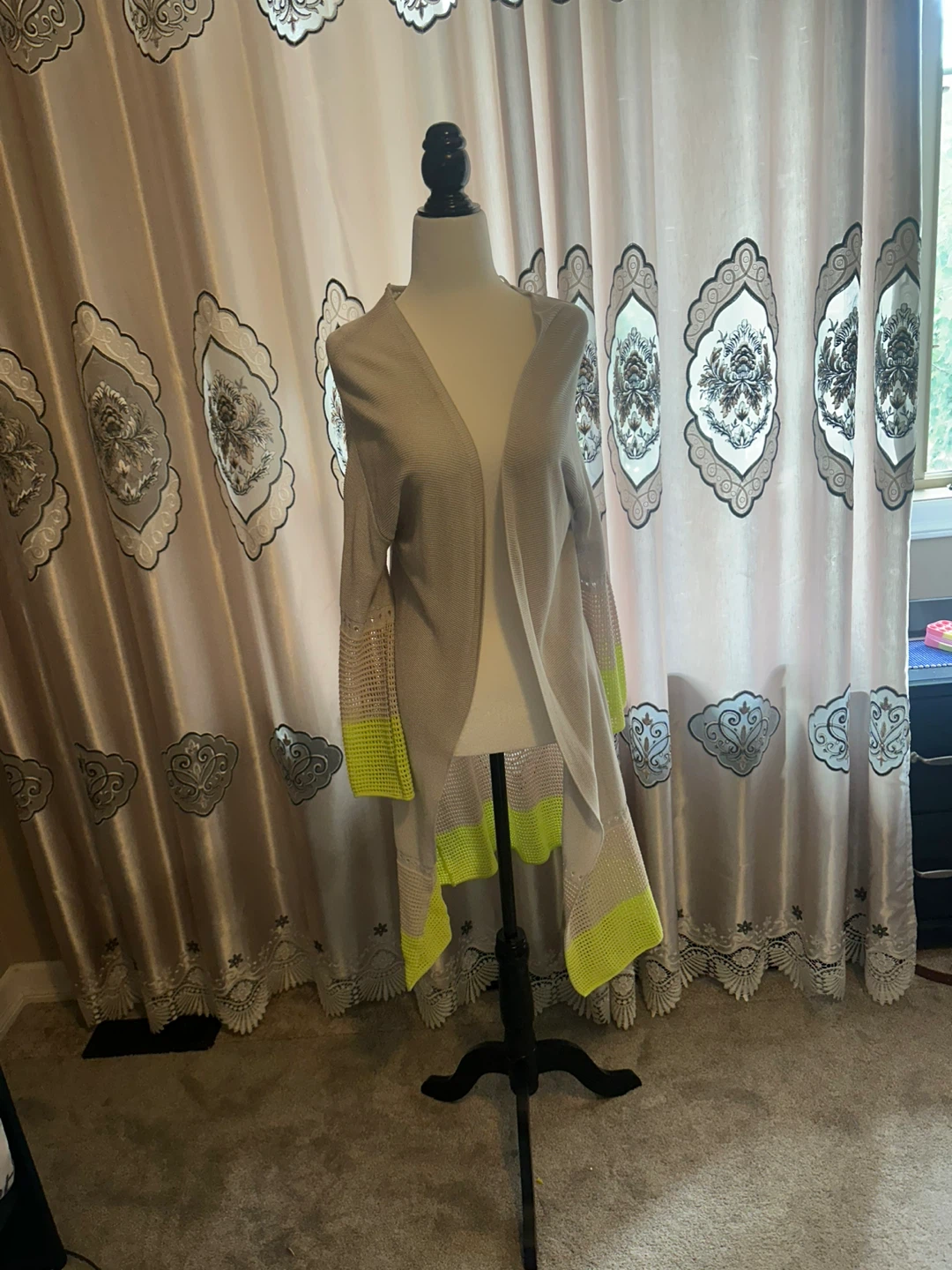 Beige Cardigan with Neon Yellow Trim