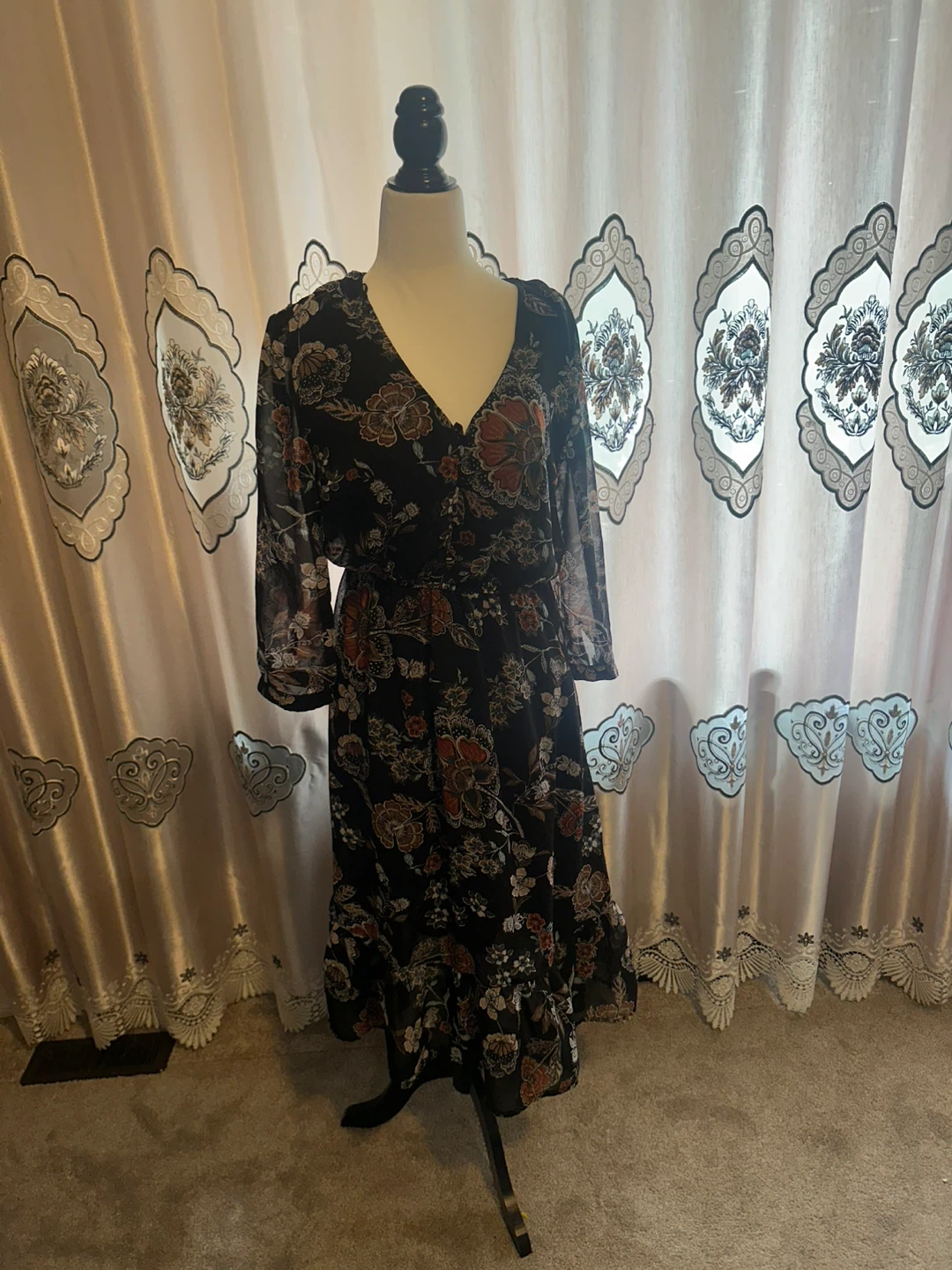 Black Floral Midi Dress with V-Neck