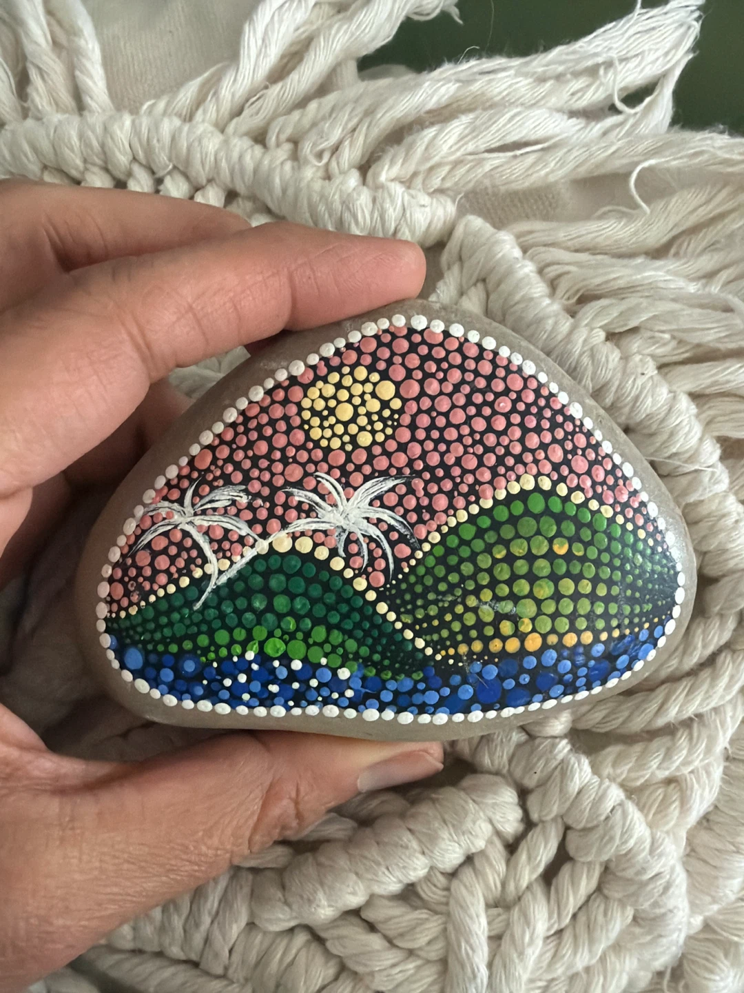 Hand-Painted Dot Art Stone - Tropical Sunset Scene - photo 2