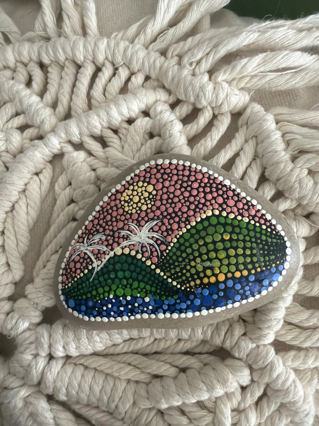 Hand-Painted Dot Art Stone - Tropical Sunset Scene