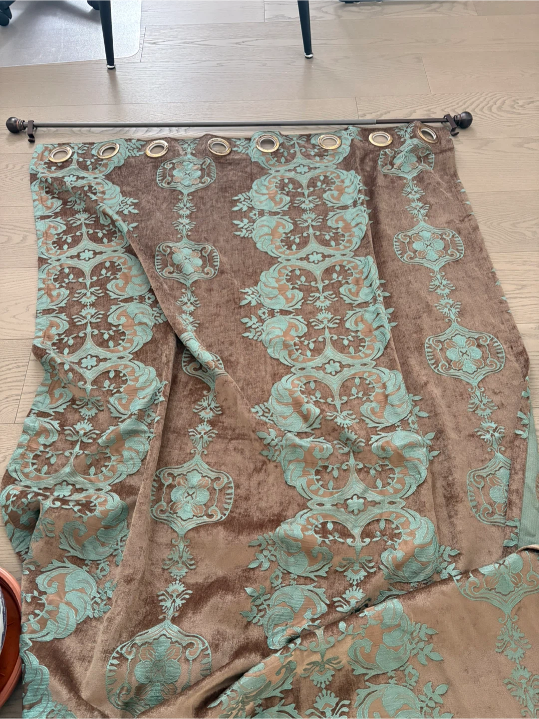2set of Brown and Teal Damask Velvet Curtains with 2rods