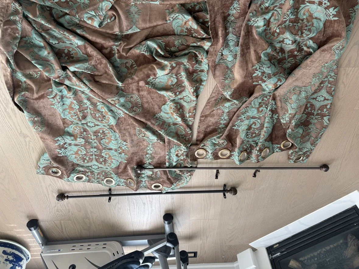 2set of Brown and Teal Damask Velvet Curtains with 2rods - photo 4