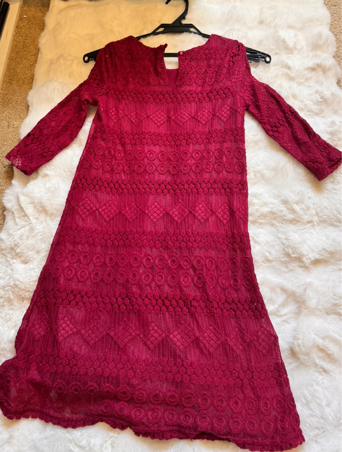 Women's Burgundy Lace Cold Shoulder Dress - photo 2