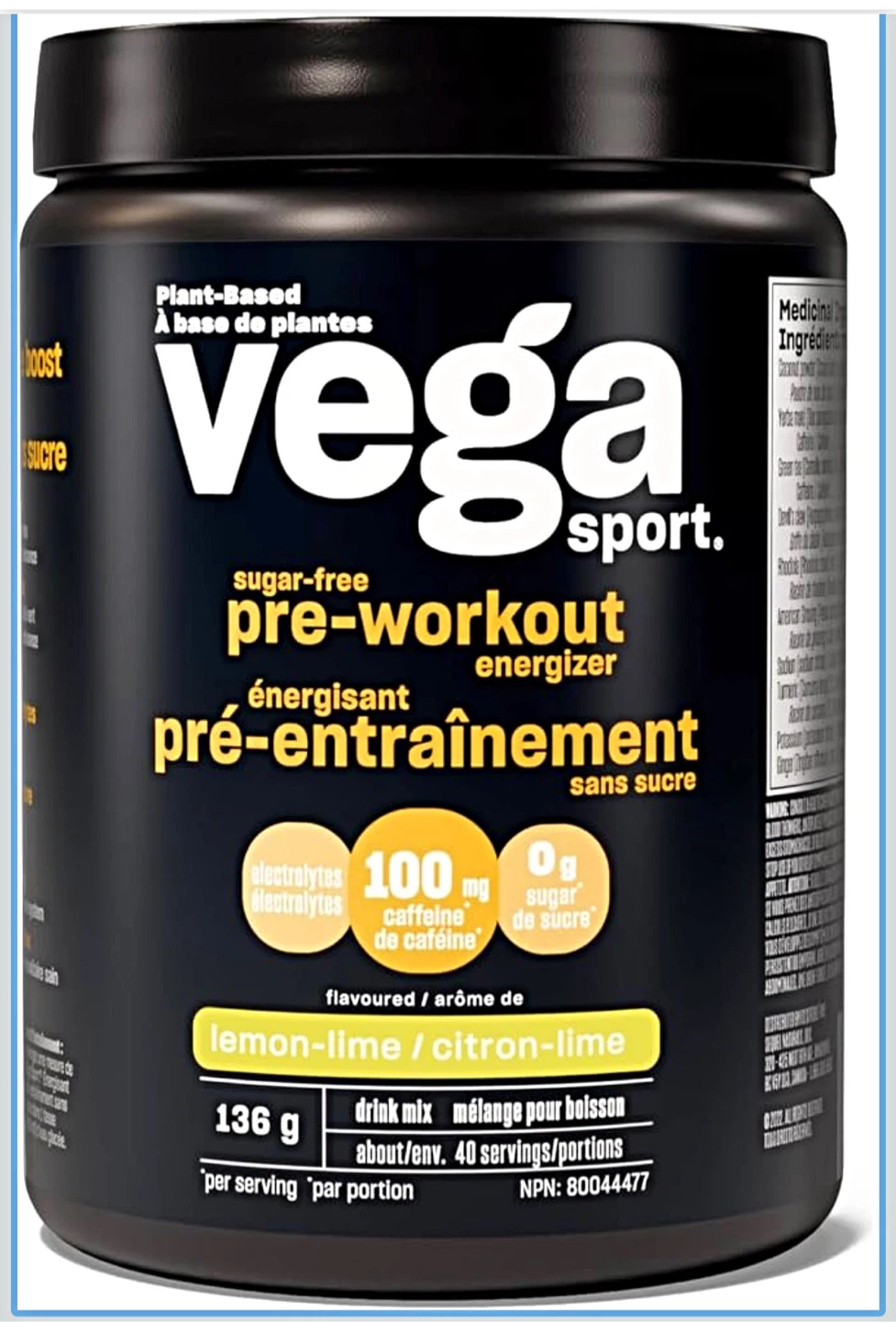 Vega Sport Sugar-Free Pre-Workout Drink Mix Lemon-Lime 136g