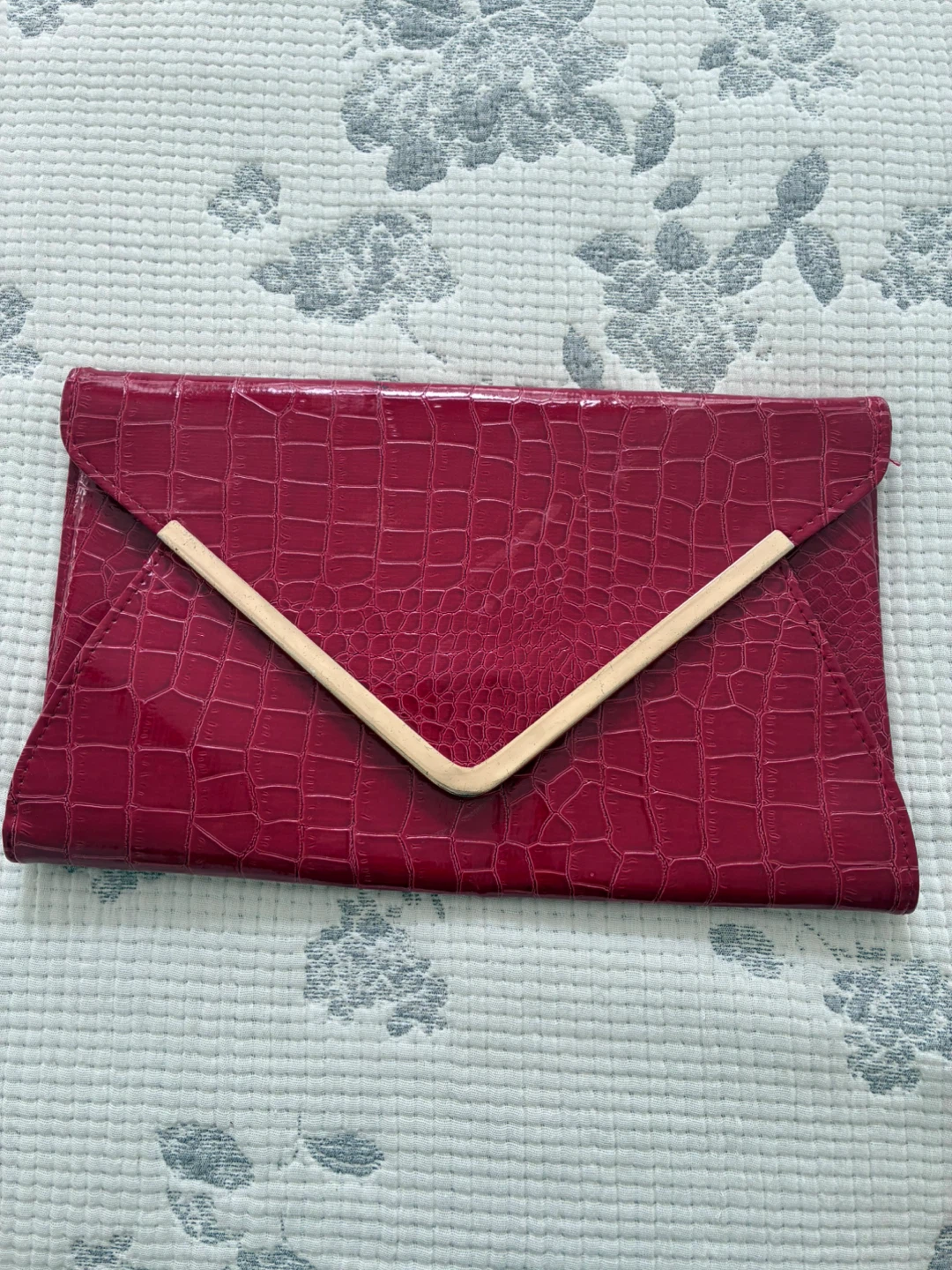 Red Faux Croc Clutch with Gold Chain