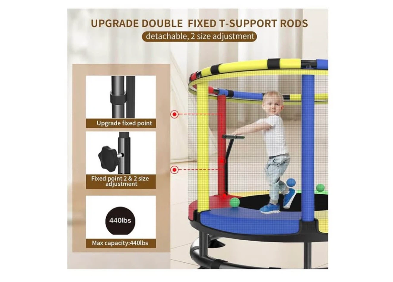 Kids Trampoline with Safety Net and Gymnastics Bar - photo 2